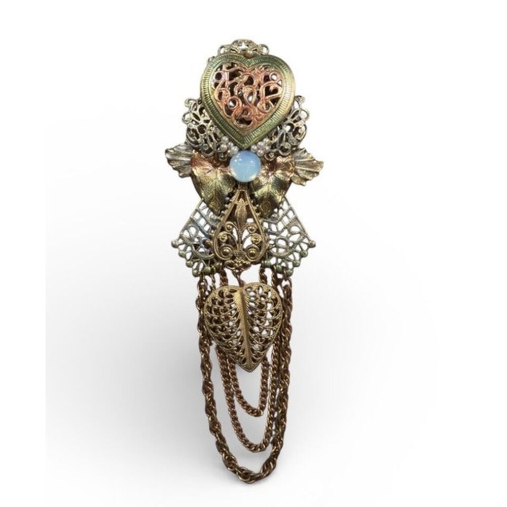 Vtg 90s Unique Handmade Ornate Brooch Pin Gold Drop Chains Steampunk Victorian